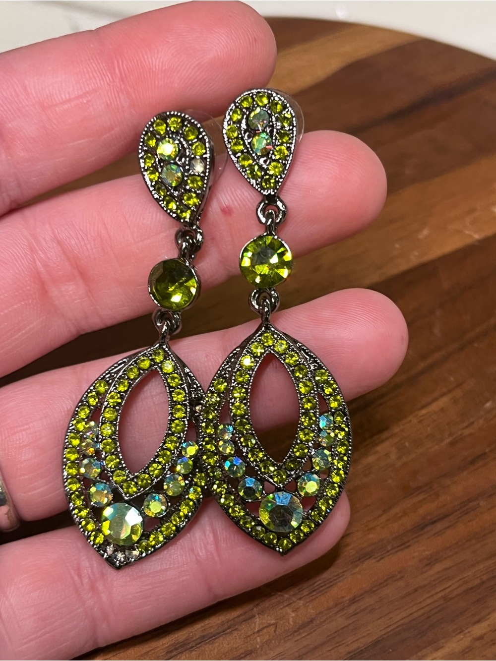 Vintage 90s Peridot Green + AB Crystal Dangle Silver Tone Earrings /Formal Wear
